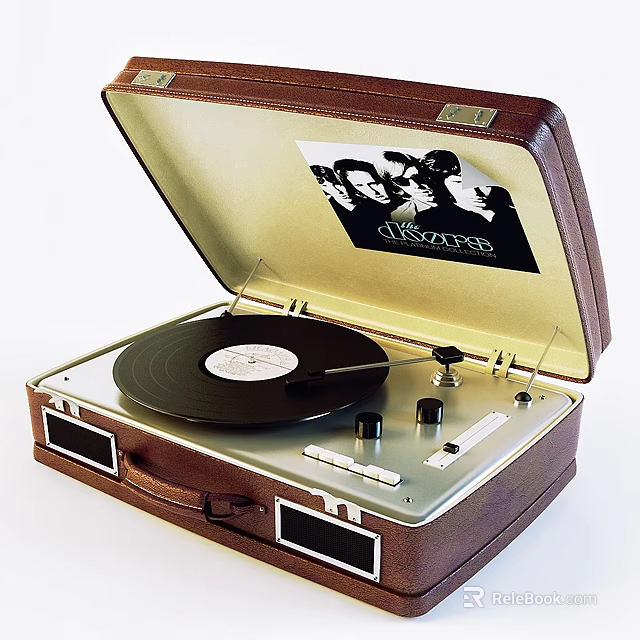 Brown Suitcase Style Vintage Record Player With Vinyl Record And Black White Photo On Lid 3d model 
