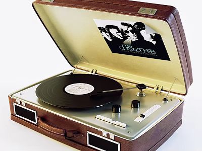 Brown Suitcase Style Vintage Record Player With Vinyl Record And Black White Photo On Lid 3d model