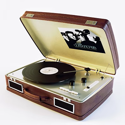 Brown Suitcase Style Vintage Record Player With Vinyl Record And Black White Photo On Lid 3d model