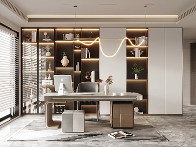 Modern Home Office Interior Design With Curved Hanging Light Wooden Bookshelves Desk And Decorative Plants 3d model
