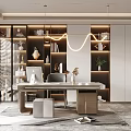 Modern Home Office Interior Design With Curved Hanging Light Wooden Bookshelves Desk And Decorative Plants