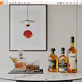 Wine Bottles And Glasses Arranged With Hanging Lamp And Red Sun Wall Art