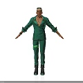 Man In Green Suit With Decorations Standing With Arms Outstretched On White Background