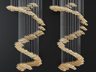 Two Elegant Golden Spiral Chandeliers With Leaf Shaped Components Hanging In Indoor Space 3d model