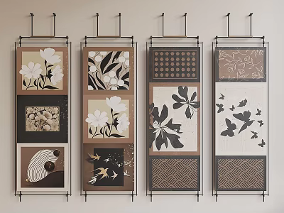 Composite Abstract Paintings Featuring Floral Geometric Designs and Bird Motifs in Black Frames on Wall 3d model