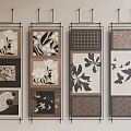 Composite Abstract Paintings Featuring Floral Geometric Designs and Bird Motifs in Black Frames on Wall