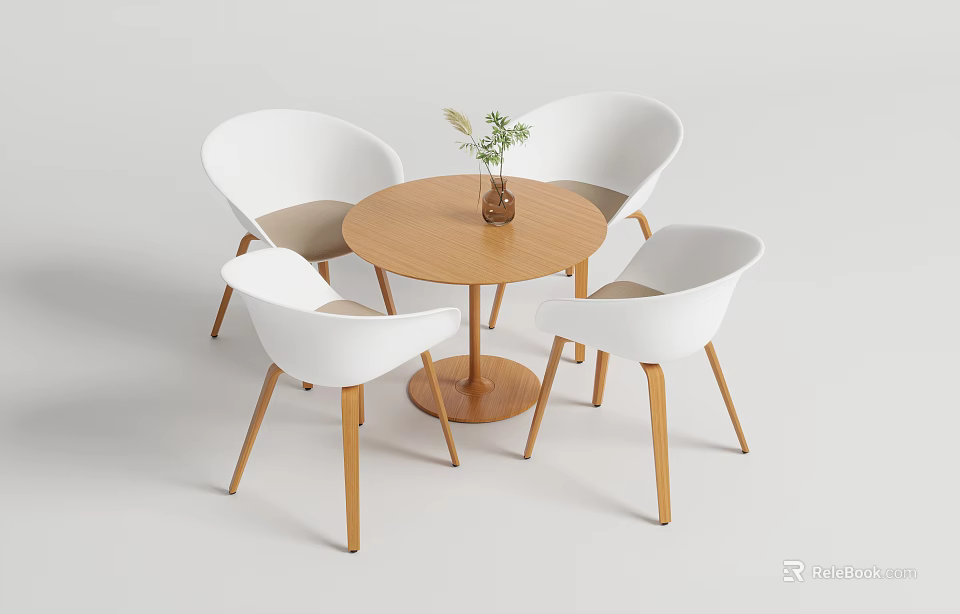 Modern Round Wooden Dining Table With Four White Chairs And Vase Plant 3d model 
