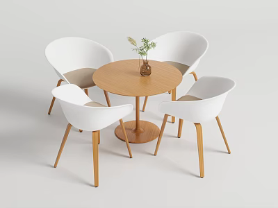 Modern Round Wooden Dining Table With Four White Chairs And Vase Plant 3d model