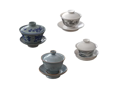 Traditional Chinese Tea Sets with Lidded Cups Saucers and Blue Gray Patterns 3d model