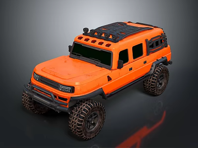 Orange Off Road SUV With Large Tires Roof Rack And Front Headlights 3d model