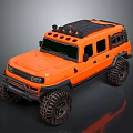 Orange Off Road SUV With Large Tires Roof Rack And Front Headlights