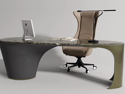 Elegant Modern Office Desk With Curved Marble Top Ergonomic Chair And Computer Setup 3d model