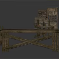 Rustic Wooden Platform Structure Featuring Weathered Planks And Stacked Crates On Top 3d model
