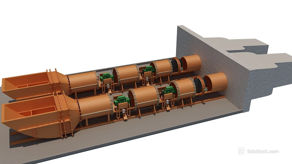 Industrial Equipment Featuring Orange Cylindrical Rollers With Green Drive Components In Concrete Installation 3d model 