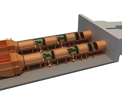 Industrial Equipment Featuring Orange Cylindrical Rollers With Green Drive Components In Concrete Installation 3d model
