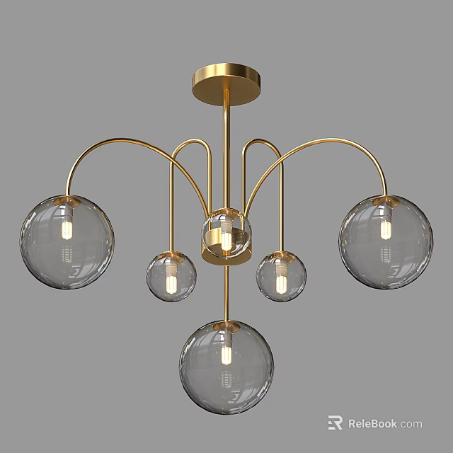 Minimalist Modern Brass Chandelier With Clear Glass Globe Shades And Gold Metal Structure 3d model 