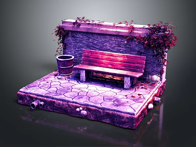 Rustic Outdoor Wooden Bench On Stone Floor With Stone Wall Green Vines And Trash Bin 3d model