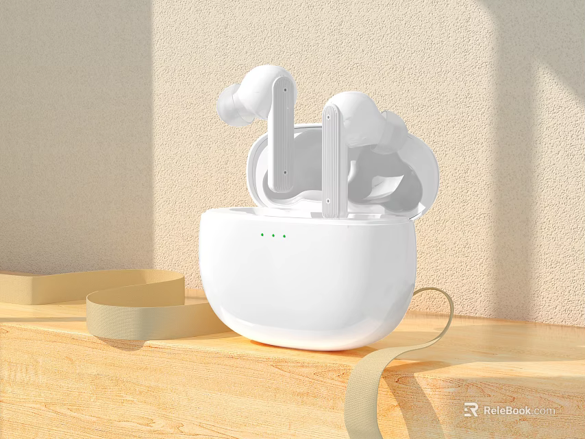 Modern White Wireless Earbuds with Charging Case and Indicator Lights on Wooden Surface 3d model 
