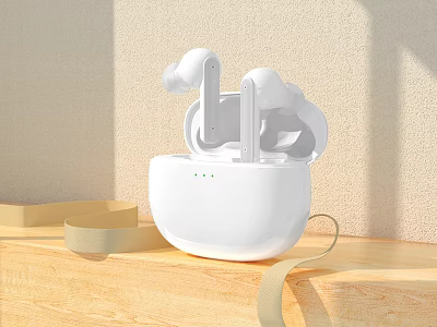 Modern White Wireless Earbuds with Charging Case and Indicator Lights on Wooden Surface 3d model