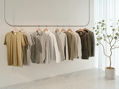 Hanging Casual Shirts And T-Shirts With Neutral Tones On Minimalist White Wall 3d model
