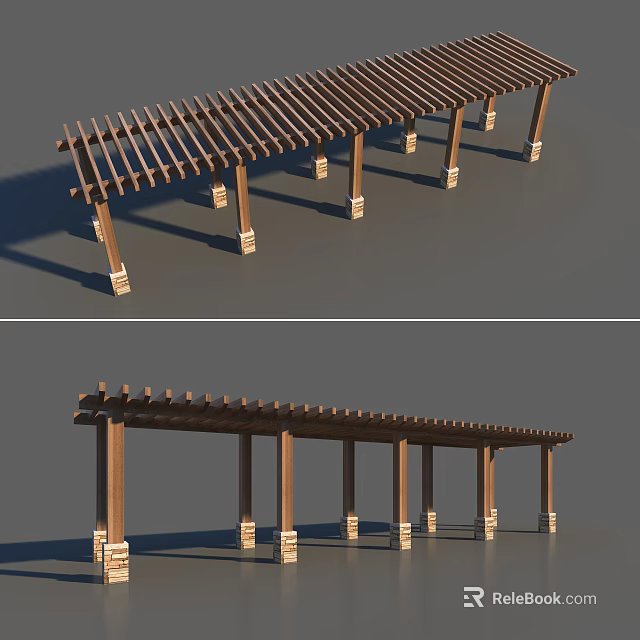 Wooden Pergola Structure With Decorative Column Bases And Cross Beams 3d model