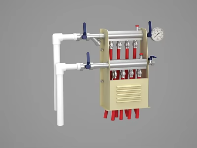 Kitchen Equipment With White Pipes Blue Valves Red Components Beige Cabinet And Gauge 3d model