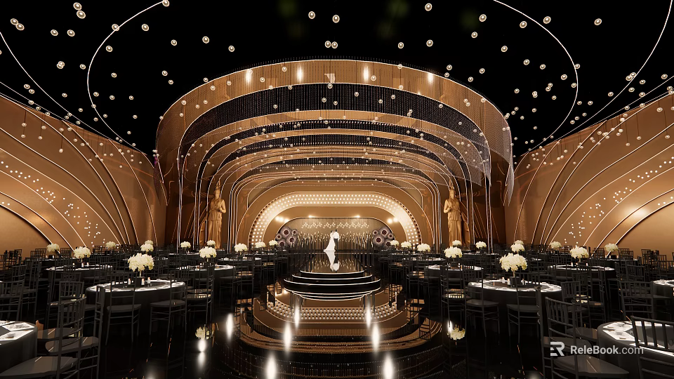 Luxurious Banquet Hall Interior Design With Elegant Ceiling Chandeliers Stage And Dining Table Arrangements 3d model 