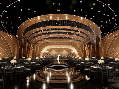 Luxurious Banquet Hall Interior Design With Elegant Ceiling Chandeliers Stage And Dining Table Arrangements 3d model