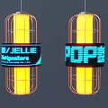 Two Lantern Shaped Decorative Lamps With Metal Frame Yellow Light Tubes And Blue Glowing Text