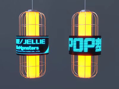 Two Lantern Shaped Decorative Lamps With Metal Frame Yellow Light Tubes And Blue Glowing Text 3d model