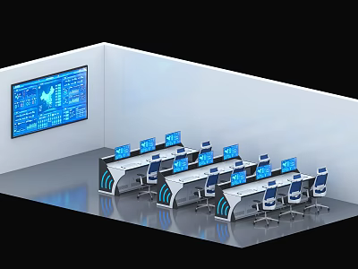 Modern Multi Workstation Control Room Desks Equipped With Monitors And Large Data Display Screen 3d model