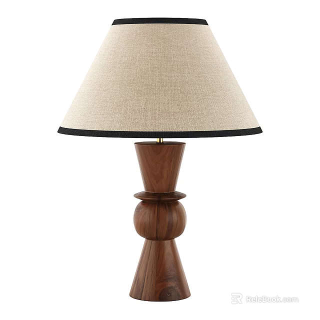 Classic Design Table Lamp With Round Layered Wooden Base And Beige Fabric Shade Black Trim 3d model 
