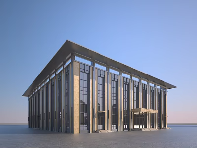 Modern Office Building Exterior With Glass Curtain Walls And Overhanging Roof 3d model