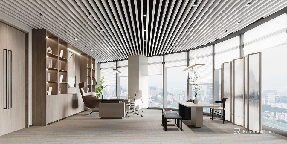 Modern Office Interior Design With Ceiling Slats Large Windows Executive Desk And Bookshelves 3d model 