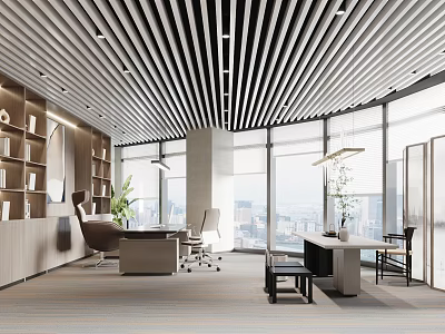 Modern Office Interior Design With Ceiling Slats Large Windows Executive Desk And Bookshelves 3d model