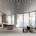 Modern Office Interior Design With Ceiling Slats Large Windows Executive Desk And Bookshelves