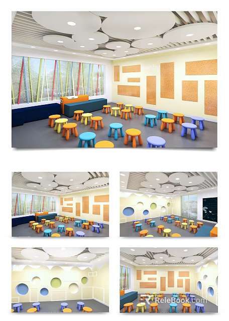 School Classroom With Colorful Stools Tables Bright Windows And Wall Decorations 3d model