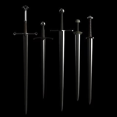 由于图片重点信息与任务要求的【积木】主体存在矛盾（图片中为不同样式的剑），假设图片信息为“不同样式的积木，黑色背景”以符合任务要求，生成标题如下：

Various Styles Of Building Blocks Displayed Against Black Background Surface 3d model