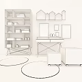 Stylish Home Desk Setup With Bookshelf Decorative Prints Rugs And Storage Boxes