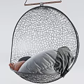 Spherical Mesh Hanging Chair With Wooden Frame And Soft Cushions For Indoor Relaxation