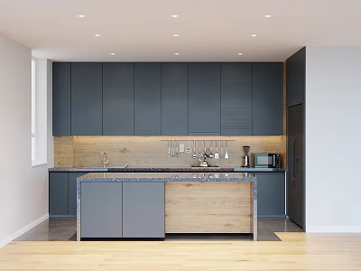 Modern Kitchen Interior Design With Dark Cabinets Central Island And Wooden Countertop 3d model