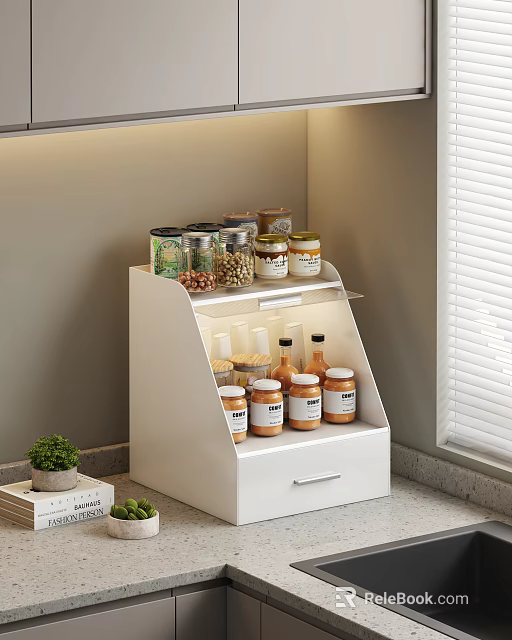 White Storage Shelf With LED Light And Jars In Kitchen Corner With Drawer 3d model 