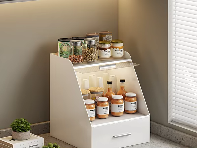 White Storage Shelf With LED Light And Jars In Kitchen Corner With Drawer 3d model