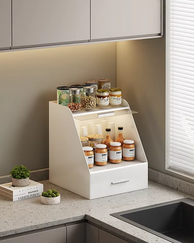 White Storage Shelf With LED Light And Jars In Kitchen Corner With Drawer 3d model