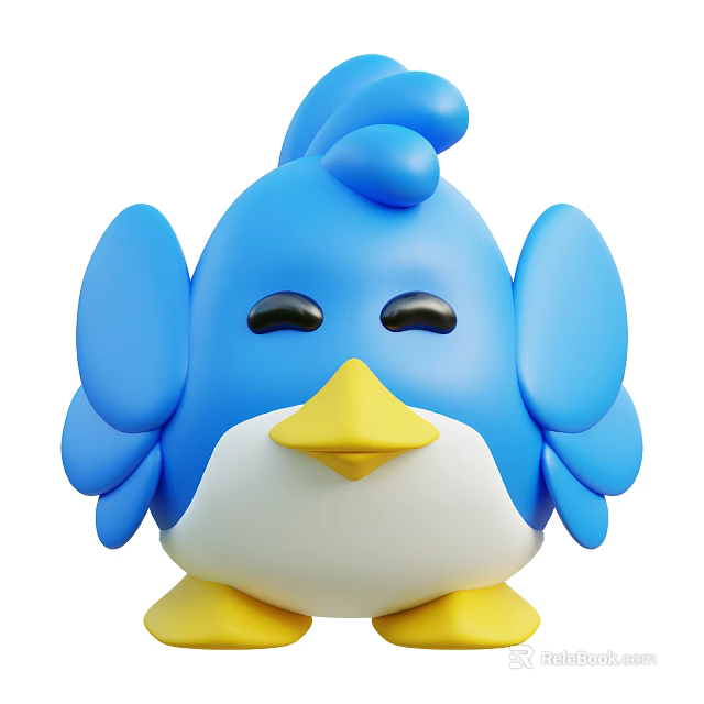 Cute Blue Cartoon Bird With Yellow Beak White Belly And Big Wings 3d model 