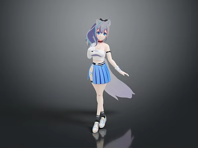 Anime Game Movie Character With Fox Ears White Top Blue Pleated Skirt Purple Hair Standing Pose 3d model