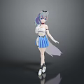 Anime Game Movie Character With Fox Ears White Top Blue Pleated Skirt Purple Hair Standing Pose