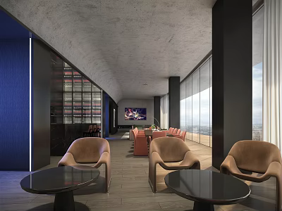 Modern Spacious Living Room Interior With Panoramic Landscape Windows And Comfortable Leather Lounge Chairs 3d model