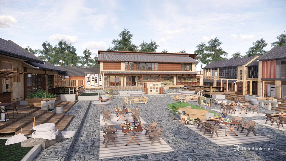 Traditional Homestay Architecture With Courtyard Seating Areas And Surrounding Green Trees 3d model 