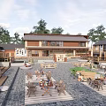 Traditional Homestay Architecture With Courtyard Seating Areas And Surrounding Green Trees